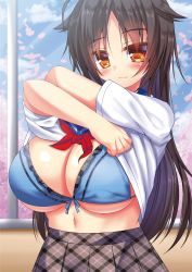 Rule 34 | 1girl, absurdres, ahoge, black hair, black skirt, blue bra, blue sailor collar, blue sky, blush, bra, breasts, brown eyes, cherry blossoms, cleavage, closed mouth, clothes lift, cloud, day, highres, huge breasts, long hair, looking at viewer, navel, non-web source, original, plaid, plaid skirt, pleated skirt, sailor collar, school uniform, serafuku, shirt, shirt lift, short sleeves, skirt, sky, smile, solo, syroh, underboob, underwear, undressing, upper body, very long hair, white shirt, window