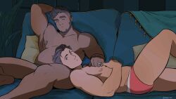 Rule 34 | 2boys, animated, animated gif, armpits, bara, beard, belly, black hair, briefs, couch, couple, dark-skinned male, dark skin, facial hair, feet out of frame, finger fondling, green male underwear, hair slicked back, highres, indoors, jewelry, lap pillow, large pectorals, lying, male focus, male underwear, marco (vit), mature male, multiple boys, muscular, muscular male, navel, nipples, on back, on couch, original, pectorals, plump, red male underwear, ricardo (vit), ring, short hair, sideburns, sitting, sleeping, sleeping upright, stomach, thick eyebrows, thick thighs, thighs, topless male, underwear, underwear only, vit (vitamin bara), watching television, yaoi