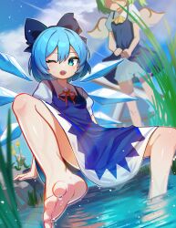 Rule 34 | 2girls, ;d, absurdres, bare legs, barefoot, bloomers, blue bow, blue dress, blue eyes, blurry, blurry foreground, bongnom, bow, breasts, cirno, commentary request, daiyousei, dandelion, day, dress, dutch angle, fairy wings, feet, flower, foot focus, grass, hair between eyes, hair bow, highres, ice, ice wings, knee up, legs, looking at viewer, multiple girls, one eye closed, open mouth, outdoors, perspective, puffy short sleeves, puffy sleeves, short sleeves, sky, small breasts, smile, soaking feet, soles, solo focus, spread legs, spread toes, toes, touhou, underwear, wings, yellow flower