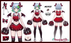 Rule 34 | 1girl, absurdres, apex legends, apricot the lich, apricot the lich (cheerleader), back, blue hair, border, bow, breasts, bsapricot, character name, cheerleader, choker, commentary, earrings, english commentary, full body, green eyes, green hair, highres, horns, jewelry, lich, looking at viewer, medium breasts, midriff, miniskirt, multicolored hair, multiple horns, multiple views, navel, navel piercing, official art, piercing, pointy ears, red border, scarz, short hair, skirt, sleeveless, smile, standing, thighhighs, two-tone hair, virtual youtuber, vshojo, white background, wings