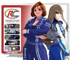 Rule 34 | 2girls, absurdres, arhentol, asamiya mariko, blue eyes, breasts, brown eyes, brown hair, car, cleavage, collaboration, commentary, crossed arms, dodge (company), dodge viper, english commentary, fire, helmet, highres, holeecrab, jewelry, long hair, looking at viewer, looking back, medium breasts, michelin, mobil1, mole, mole on breast, motor vehicle, multiple girls, open mouth, original, parody, parted lips, r:racing evolution, race vehicle, racecar, racetrack, racing, racing suit, raelyn cunningham, ring, short hair, spoiler (automobile), sponsor, super gt, vemac, vemac rd350r