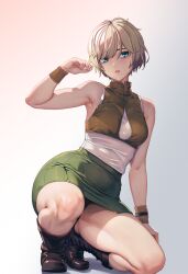 Rule 34 | 1girl, armpits, blonde hair, blue eyes, boots, breasts, dead by daylight, full body, heather mason, highres, lips, looking at viewer, medium breasts, miniskirt, pencil skirt, shirt, short hair, silent hill (series), silent hill 3, simple background, skirt, sleeveless, solo, suzusiron, sweatband, thighs, tight clothes, white background