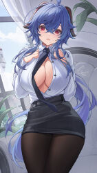 Rule 34 | 1girl, ahoge, armchair, black skirt, blue hair, breasts, catsmoon, chair, cleavage, collared shirt, commentary, crossed bangs, curtains, dress shirt, ganyu (genshin impact), genshin impact, goat horns, hair between eyes, hands on own chest, highres, horns, indoors, large breasts, long hair, low ponytail, office lady, open mouth, paid reward available, pantyhose, pencil skirt, red eyes, shirt, shirt tucked in, signature, skirt, solo, unbuttoned, unbuttoned shirt, very long hair, white shirt, window