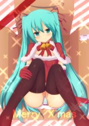 Rule 34 | 1girl, aqua eyes, aqua hair, bad id, bad pixiv id, box, christmas, elbow gloves, gloves, hair ribbon, hatsune miku, head tilt, highres, hikicha, in box, in container, knees to chest, long hair, merry christmas, panties, pantyshot, red gloves, ribbon, santa costume, sitting, skirt, smile, solo, striped clothes, striped panties, thighhighs, twintails, underwear, upskirt, very long hair, vocaloid