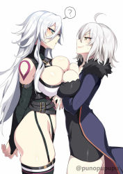 Rule 34 | 2girls, ?, aged up, ahoge, arms behind back, arms under breasts, bare shoulders, black bridal gauntlets, black dress, black legwear, blue coat, blush, breast press, breasts, bridal gauntlets, cleavage, closed mouth, coat, dress, fate/grand order, fate (series), from side, fur trim, garter straps, green eyes, highres, jack the ripper (fate/apocrypha), jeanne d&#039;arc (fate), jeanne d&#039;arc alter (fate), jeanne d&#039;arc alter (ver. shinjuku 1999) (fate), large breasts, long hair, long sleeves, looking at another, multiple girls, official alternate costume, parted lips, puuzaki puuna, scar, scar on face, short hair, simple background, skindentation, smile, standing, thighs, twitter username, white background, white hair, yellow eyes