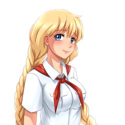 Rule 34 | 1girl, blonde hair, blue eyes, braid, commentary, english commentary, everlasting summer, huyase, long hair, looking at viewer, pioneer movement, pioneer neckerchief, shirt, simple background, slavya-chan, smile, solo, soviet pioneer, twin braids, upper body, white background, white shirt