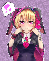 Rule 34 | 1girl, adapted costume, aged up, animal hood, ascot, bad id, bad pixiv id, blonde hair, blush, bracelet, breasts, cross, doyouwantto, hair ribbon, halloween costume, heart, hood, hooded jacket, jacket, jewelry, large breasts, looking at viewer, open clothes, open jacket, pendant, pink eyes, rabbit hood, ribbon, rumia, shirt, smile, solo, spoken heart, star (symbol), touhou, upper body, vest, wrist cuffs