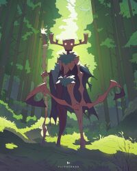 Rule 34 | 1other, antlers, artist name, bow (weapon), cape, commentary, english commentary, flipherrrr, forest, full body, glowing, glowing eyes, grass, green cape, highres, holding, holding bow (weapon), holding staff, holding weapon, horns, monster, nature, original, other focus, solo, staff, torn cape, torn clothes, weapon