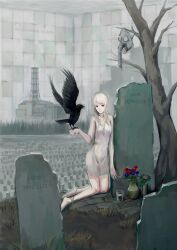 Rule 34 | 1girl, albino, bare legs, bare shoulders, bare tree, barefoot, bird, bird on hand, black bird, blue flower, building, commentary request, crow, cyrillic, dress, feathered wings, flower, full body, gas mask, grass, grave, graveyard, highres, jittsu, kneeling, long hair, looking at viewer, mask, original, parted lips, plant, potted plant, red eyes, red flower, sleeveless, sleeveless dress, solo, tombstone, tree, white dress, white hair, wings