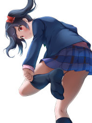 Rule 34 | 1girl, adjusting clothes, adjusting legwear, black hair, black jacket, black socks, blue skirt, bow, feet, floating hair, from behind, from below, hair bow, highres, hitotsuki no yagi, jacket, long hair, looking at viewer, looking back, love live!, love live! school idol project, miniskirt, no shoes, pleated skirt, red bow, red eyes, school uniform, simple background, skirt, socks, soles, solo, standing, standing on one leg, twintails, white background, yazawa nico