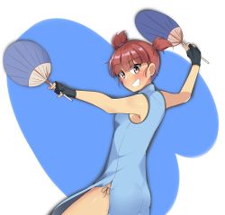 Rule 34 | 1girl, absurdres, alternate costume, arms up, black gloves, blue background, blue dress, blunt bangs, blush, china dress, chinese clothes, commentary, dress, fingerless gloves, from side, girls und panzer, gloves, grin, hair tie, hand fan, highres, holding, holding fan, kshimu, looking at viewer, mikko (girls und panzer), one-hour drawing challenge, panties, paper fan, red eyes, red hair, short hair, short twintails, side-tie panties, side slit, sleeveless, sleeveless dress, smile, solo, standing, twintails, underwear