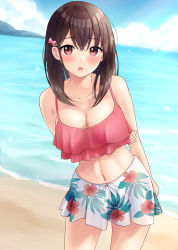 Rule 34 | 1girl, :o, arms behind back, bare shoulders, beach, bikini, blue sky, blurry, blurry background, blush, bow, breasts, brown hair, cleavage, cloud, collarbone, floral print, hair bow, highres, holding own arm, long hair, looking at viewer, medium breasts, midriff, navel, ocean, open mouth, original, outdoors, pink bikini, pink bow, pink eyes, skirt, sky, solo, standing, swimsuit, water, white skirt, yukimaru217