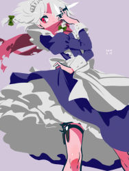 Rule 34 | 1girl, apron, arm up, backlighting, between fingers, blue dress, bow, braid, chabi (amedama), clothes lift, covered mouth, dated, dress, dress lift, feet out of frame, floating hair, frilled apron, frilled hairband, frills, from side, green bow, hair bow, hair over one eye, hairband, hand up, holding, holding knife, holding weapon, izayoi sakuya, juliet sleeves, knife, knives between fingers, legs apart, lifting own clothes, long sleeves, looking at viewer, looking to the side, maid, maid headdress, medium dress, no lineart, one eye covered, parted bangs, petticoat, puffy sleeves, purple background, red eyes, red scarf, scarf, scarf over mouth, shade, sheath, sheathed, short hair, side braid, silver hair, simple background, sleeve cuffs, solo, standing, thigh strap, touhou, twin braids, upskirt, waist apron, weapon, white apron, white hairband