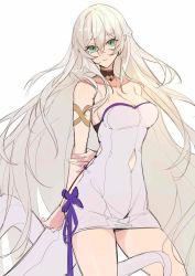 Rule 34 | 1girl, arm grab, armlet, arms behind back, bad id, bad pixiv id, bare shoulders, between legs, breasts, choker, cleavage cutout, clothing cutout, dress, green eyes, highres, large breasts, legs apart, mole, mole under eye, navel cutout, original, ribbon, short dress, sketch, slit pupils, solo, thighs, white background, white dress, white hair, xianyu liang