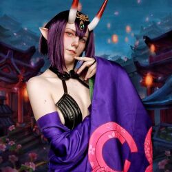 Rule 34 | 1girl, breasts, cosplay, fate/grand order, fate (series), female focus, horns, moon usagi, photo (medium), pointy ears, purple eyes, purple hair, russian (nationality), short hair, shuten douji (fate), skin-covered horns, small breasts, solo, standing