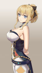 Rule 34 | 1girl, arms behind back, bare shoulders, belt, black bow, blonde hair, blue belt, blue eyes, bow, breasts, cleavage, commentary request, cowboy shot, detached collar, from side, genshin impact, grey background, hair bow, highres, jean (genshin impact), large breasts, leggings, looking at viewer, medium hair, pants, ponytail, ruan weidao, shirt, short ponytail, sidelocks, smile, solo, standing, strapless, strapless shirt, white pants