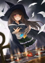 Rule 34 | 1girl, ankh, black cape, black hat, book, brown eyes, brown hair, candle, cape, cardigan, commentary request, commission, eyebrows hidden by hair, frilled skirt, frills, green skirt, grey cardigan, hat, heterochromia, highres, holding, holding book, layered skirt, long hair, long sleeves, open book, original, paper, pixiv commission, red eyes, skirt, sleeves past wrists, solo, toka (marchlizard), very long hair, witch, witch hat