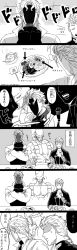 Rule 34 | 2boys, anger vein, arrow (symbol), chopsticks, comic, crossed arms, cup, dio brando, earrings, eating, father and son, food, fork, giorno giovanna, greyscale, hachi (hachin0124), highres, jewelry, jojo no kimyou na bouken, knife, looking away, monochrome, multiple boys, mundane utility, napkin, plate, spoon, stand (jojo), teacup, the world, time stop, translation request, vento aureo