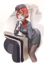 Rule 34 | 1girl, absurdres, aircraft, airplane, airplane interior, blush, flight attendant, hand on own chin, hat, highres, hololive, hololive indonesia, kureiji ollie, leaning forward, looking at viewer, multicolored hair, open mouth, pink hair, red hair, solo, tanukidraws, teeth, torn clothes, travel attendant, uniform, upper teeth only, virtual youtuber, zombie