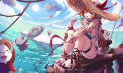 Rule 34 | 1girl, :d, arm tattoo, bikini, blue bikini, blue eyes, breasts, brown hair, commentary, day, english commentary, feet, food, full body, hair between eyes, halterneck, hat, holding, holding food, jewelry, large breasts, legs, long hair, looking at viewer, mitsu (mitsu art), nail polish, open mouth, original, panda, popsicle, purple nails, ring, samantha (admiral bahroo), sandals, sitting, sky, smile, straw hat, sun, swimsuit, tattoo, thigh strap, toenail polish, toenails, tongue, tongue out, umeru (admiral bahroo), very long hair, water, wristband