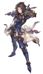 Rule 34 | 1boy, armor, armored boots, black hair, blue armor, blue eyes, boots, breastplate, dual wielding, fighting stance, full body, granblue fantasy, granblue fantasy versus, highres, holding, lancelot (granblue fantasy), male focus, minaba hideo, serious, simple background, solo, sword, transparent background, weapon, white background