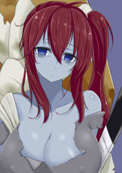 Rule 34 | 1girl, ahoge, bandages, bare shoulders, blue eyes, blue skin, blush, body blush, breasts, cleavage, collarbone, colored skin, covered erect nipples, crowbar, crowbar (ole tower), dress, empty eyes, large breasts, long hair, looking at viewer, mitsukazu (nijigen complex), no bra, ole tower, ponytail, purple background, red hair, side ponytail, sidelocks, simple background, solo, sweat