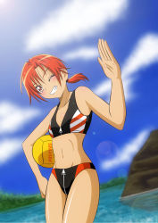 Rule 34 | 10s, 1girl, ;d, armpits, ball, bare shoulders, bikini, blue sky, day, dutch angle, fuchi (nightmare), grin, highres, hino akane (smile precure!), holding, holding ball, looking at viewer, one eye closed, open mouth, orange eyes, orange hair, outdoors, precure, sky, smile, smile precure!, sparkling eyes, sportswear, standing, sunlight, swimsuit, teeth, volleyball (object), volleyball uniform, water, zipper