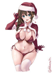Rule 34 | 1girl, :d, adjusting hair, alternate costume, bikini, blue eyes, braid, breasts, brown hair, capelet, christmas, cropped legs, ebifurya, elbow gloves, fur-trimmed capelet, fur-trimmed gloves, fur trim, gloves, hair between eyes, hair flaps, hair ornament, hair over shoulder, hairpin, hat, heart, highres, kantai collection, large breasts, long hair, looking at viewer, navel, one-hour drawing challenge, open mouth, pom pom (clothes), red bikini, red capelet, red gloves, santa bikini, santa hat, shigure (kancolle), shigure kai ni (kancolle), single braid, smile, solo, swimsuit, thighhighs, twitter username, white background, white thighhighs