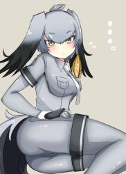 Rule 34 | 10s, 1girl, artist request, ass, black hair, blush, breasts, collared shirt, fingerless gloves, gloves, gradient hair, grey hair, hair between eyes, kemono friends, looking at viewer, lying, medium breasts, multicolored hair, on side, pantyhose, shiny clothes, shirt, shoebill (kemono friends), short hair, shorts, solo, yellow eyes