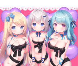 Rule 34 | 3girls, :o, balloon, black bow, black ribbon, blonde hair, blue bow, blue choker, blue eyes, blue hair, bow, breasts, choker, cleavage, closed mouth, collarbone, commentary request, copyright request, grey hair, groin, hair between eyes, hair bow, hair ornament, hairclip, hand up, hands up, heart, heart balloon, highres, large breasts, long hair, looking at viewer, low twintails, multiple girls, naked ribbon, navel, parted lips, pink background, red eyes, ribbon, sidelocks, small breasts, smile, star (symbol), star hair ornament, twintails, usashiro mani, very long hair, virtual youtuber