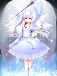 Rule 34 | 1girl, blue eyes, dress, highres, holding, holding sword, holding weapon, long hair, rapier, rwby, scar, scar across eye, scar on face, shots (syottu), side ponytail, solo, sword, weapon, weiss schnee, white hair