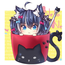 Rule 34 | 1girl, :&lt;, ahoge, animal ear fluff, animal ears, blue bow, blue eyes, blue hair, blush, bow, cat ears, chibi, closed mouth, commentary request, cup, hair bow, in container, in cup, long hair, mini person, minigirl, multicolored hair, ooji cha, original, plaid, plaid bow, red bow, sidelocks, solo, streaked hair, twintails, white hair