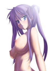 Rule 34 | 1girl, alternate breast size, breasts, closed mouth, commentary request, eunos, frown, hair between eyes, hair ribbon, hiiragi kagami, large breasts, lens flare, long hair, looking at viewer, lucky star, navel, nipples, nude, purple eyes, purple hair, purple ribbon, revision, ribbon, simple background, solo, tsundere, tsurime, twintails, upper body, white background