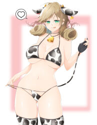 Rule 34 | 1girl, :q, animal costume, animal ears, animal print, bare shoulders, bell, bikini, bikini bottom pull, bikini pull, black choker, blonde hair, blush, breasts, cameltoe, choker, cleavage, clothes pull, collarbone, come hither, cow costume, cow ears, cow girl, cow horns, cow print, cow print bikini, cow print thighhighs, cow tail, cowbell, curly hair, ear tag, green eyes, half-closed eyes, haruka (senran kagura), heart, horns, kinako (mzknk0), large breasts, looking at viewer, navel, neck bell, pink background, print bikini, print thighhighs, senran kagura, senran kagura shoujo-tachi no shin&#039;ei, shiny skin, short hair, skindentation, smile, solo, speech bubble, spoken heart, standing, swimsuit, tail, tail grab, thighhighs, tongue, tongue out, two-tone background, underboob, white background