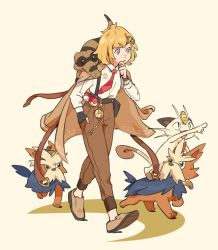 Rule 34 | 1girl, absurdres, belt, black belt, blonde hair, blouse, blue eyes, brown footwear, brown jacket, brown pants, character request, collared shirt, creatures (company), crossover, finger to own chin, game freak, gen 1 pokemon, highres, hololive, hololive english, holomyth, jacket, jacket on shoulders, jawli, looking ahead, meowth, necktie, nintendo, pants, pointing, poke ball, poke ball (basic), pokemon, pokemon (creature), red necktie, shirt, short hair, solo focus, suspenders, virtual youtuber, walking, watson amelia, white shirt