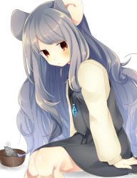 Rule 34 | 1girl, abe suke, alternate hair length, alternate hairstyle, animal ears, arms at sides, blush, bowl, closed mouth, dress, from side, grey dress, grey hair, highres, jewelry, long hair, long sleeves, looking at viewer, looking to the side, mouse (animal), mouse ears, mouse tail, nazrin, necklace, pendant, red eyes, signature, simple background, sitting, solo, speech bubble, spoken zzz, swept bangs, tail, touhou, very long hair, white background, zzz