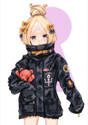 Rule 34 | 1girl, abigail williams (fate), abigail williams (traveling outfit) (fate), absurdres, black bow, black jacket, blonde hair, blue eyes, blush, bow, commentary request, cowboy shot, fate/grand order, fate (series), hair bow, hair bun, head tilt, highres, jacket, keyhole, long hair, long sleeves, looking at viewer, hugging object, official alternate costume, ohal, open mouth, orange bow, parted bangs, polka dot, polka dot bow, single hair bun, sleeves past fingers, sleeves past wrists, solo, stuffed animal, stuffed toy, teddy bear, white background