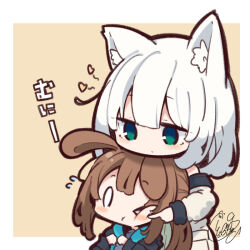 Rule 34 | 0 0, 2girls, amiya (arknights), animal ear fluff, animal ears, arknights, bare shoulders, beni shake, black jacket, blush, brown background, brown hair, cheek poking, chibi, closed mouth, commentary request, flying sweatdrops, green eyes, grey background, hair between eyes, hood, hood down, hooded jacket, jacket, kal&#039;tsit (arknights), long hair, multiple girls, off-shoulder jacket, off shoulder, poking, rabbit ears, revision, signature, simple background, translated, two-tone background, upper body, white background, white hair, white jacket