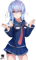 Rule 34 | 1girl, absurdres, aoki hagane no arpeggio, artist name, bike shorts, black shorts, blue eyes, blue hair, blue shirt, blue skirt, blush, character name, closed mouth, collarbone, commentary request, cosplay, cowboy shot, detached sleeves, eyes visible through hair, flipped hair, hatsukaze (kancolle), hibiki (zerocodo), highres, iona (aoki hagane no arpeggio), iona (cosplay), kantai collection, long sleeves, look-alike, looking at viewer, necktie, pleated skirt, red necktie, sailor collar, shirt, shorts, shorts under skirt, skirt, solo, standing, sweatdrop, translation request, v-shaped eyebrows, white background