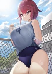 Rule 34 | 1girl, absurdres, arm behind back, blue buruma, blue sky, bottle, breasts, building, buruma, cowboy shot, female focus, fence, gym uniform, hair ornament, hairclip, highres, holding, holding bottle, huge filesize, large breasts, looking at viewer, original, outdoors, parted lips, pecopecoro, plant, red eyes, red hair, short hair, sky, solo, standing, sunlight, sweat, thighs, tree, uniform, water bottle