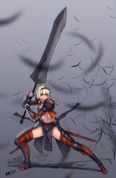 Rule 34 | 1girl, armor, bad id, bad pixiv id, blonde hair, elbow pads, faulds, feathers, fighting stance, greaves, hairband, huge weapon, jjune, knee pads, loincloth, midriff, original, pauldrons, pelvic curtain, red thighhighs, scar, short hair, shoulder armor, solo, sword, thigh strap, thighhighs, vambraces, vest, warrior, weapon, yellow eyes