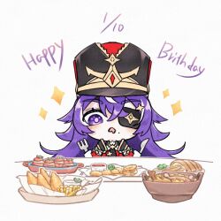 Rule 34 | 1girl, black hat, bowl, chevreuse (genshin impact), chibi, commentary request, dated, eyepatch, food, fork, genshin impact, hair between eyes, happy birthday, hat, highres, holding, holding fork, holding knife, knife, konaka (usagi draw), long hair, purple eyes, purple hair, shako cap, simple background, solo, upper body, very long hair, white background