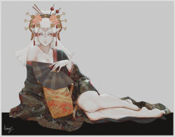 Rule 34 | bare legs, barefoot, border, breasts, cleavage, facial mark, folding fan, forehead mark, frown, hair ornament, hand fan, highres, japanese clothes, kanzashi, kimono, kumanz, looking at viewer, lying, muted color, nervous, nihongami, nintendo, off shoulder, oiran, on side, paya (zelda), seigaiha, signature, single bare shoulder, solo, the legend of zelda, the legend of zelda: breath of the wild, white border, white hair