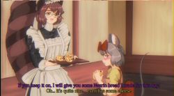Rule 34 | 1990s (style), 2girls, alternate costume, animal ears, apron, black dress, blush, bow, bread bun, brown hair, dress, eating, english text, food, futatsuiwa mamizou, glasses, glitch, hair bow, holding, holding food, holding tray, long sleeves, looking at another, maid, maid apron, maid day, maid headdress, mouse ears, mouse tail, multiple girls, nazrin, open mouth, puffy short sleeves, puffy sleeves, raccoon ears, raccoon tail, red bow, retro artstyle, short hair, short sleeves, silver hair, smile, step arts, subtitled, tail, touhou, tray, upper body, waist bow, yellow dress