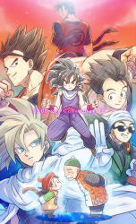 Rule 34 | 6+boys, age difference, amputee, bakusou k, black hair, blonde hair, blue eyes, cape, character name, child, chinese clothes, closed eyes, dated, dougi, dragon ball, dragon ball (classic), dragon ball super, dragonball z, facial hair, gloves, grandfather and grandson, grandpa gohan, great saiyaman, grey hair, grin, hat, looking at another, looking at viewer, looking back, male focus, missing limb, monkey tail, multiple boys, multiple persona, mustache, outline, ponytail, short hair, shoulder pads, smile, son gohan, son gohan (future), spiked hair, sunglasses, super saiyan, super saiyan 1, tail, white gloves
