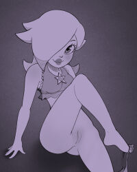 Rule 34 | 1girl, absurdres, alternate costume, bare shoulders, barefoot, blush, bottomless, brooch, cleft of venus, closed mouth, crop top, feet, female focus, frilled shirt, frills, grey background, hair flaps, hair over one eye, happy, highres, jewelry, leg up, legs, lips, long hair, looking at viewer, mario (series), monochrome, nintendo, panties, unworn panties, pussy, rosalina, shirt, sidelocks, simple background, sitting, sketch, sleeveless, sleeveless shirt, smile, solo, star (symbol), string panties, super mario galaxy, thighs, throat (artist), uncensored, underwear