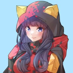 Rule 34 | 1girl, animal hood, apex legends, artist request, black hair, blue background, blue eyes, blush, breasts, cat hood, cosplay, gloves, hellcat wraith, hood, hood up, long hair, medium breasts, original, portrait, red gloves, second-party source, solo, wraith (apex legends), wraith (apex legends) (cosplay)