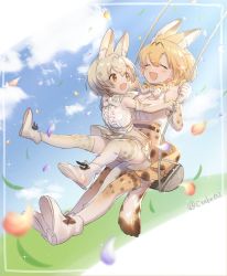 Rule 34 | 2girls, ^ ^, animal ears, bare shoulders, blonde hair, blush, boots, bow, bowtie, center frills, closed eyes, ctake02, elbow gloves, extra ears, frills, gloves, high-waist skirt, kemono friends, kemono friends 3, looking at another, mucchiri shiitake, multicolored hair, multiple girls, open mouth, petals, print gloves, print legwear, print neckwear, print skirt, serval (kemono friends), serval print, serval tail, shirt, short hair, sitting, sitting on lap, sitting on person, skirt, sleeveless, swing, tail, thighhighs, traditional bowtie, white footwear, white hair, white serval (kemono friends), white shirt, yellow eyes, zettai ryouiki