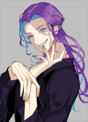 Rule 34 | 1boy, alternate costume, alternate hairstyle, blue eyes, blue hair, blue nails, casual, curly hair, fate/grand order, fate (series), fingernails, grey background, grin, hair intakes, k500yen, long hair, male focus, mephistopheles (fate), multicolored eyes, nail polish, pale skin, pointy ears, purple eyes, purple hair, sharp fingernails, smile, thick eyebrows