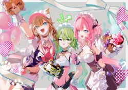 Rule 34 | 3girls, :d, absurdres, alternate costume, animal ears, annoyed, apron, balloon, belt, black dress, blue eyes, border, braid, breasts, cake, can (honkai impact), cat ears, cat girl, chocolate, choker, cleavage, dress, elf, elysia (honkai impact), elysia (miss pink elf) (honkai impact), enmaided, fake horns, food, gloves, green eyes, green hair, hand on another&#039;s face, hand on own hip, heart, highres, holding, holding cake, holding chocolate, holding food, honkai (series), honkai impact 3rd, horns, large breasts, long hair, looking at viewer, maid, maid apron, maid headdress, mobius (honkai impact), multiple girls, navel, necktie, official alternate costume, open mouth, outside border, pardofelis (honkai impact), pardofelis (meowtose macchiato) (honkai impact), paw print, pink dress, pink hair, pink necktie, pink pupils, pointy ears, ribbon, roena, short sleeves, skirt, slit pupils, small breasts, smile, twin braids, valentine, white border, white gloves